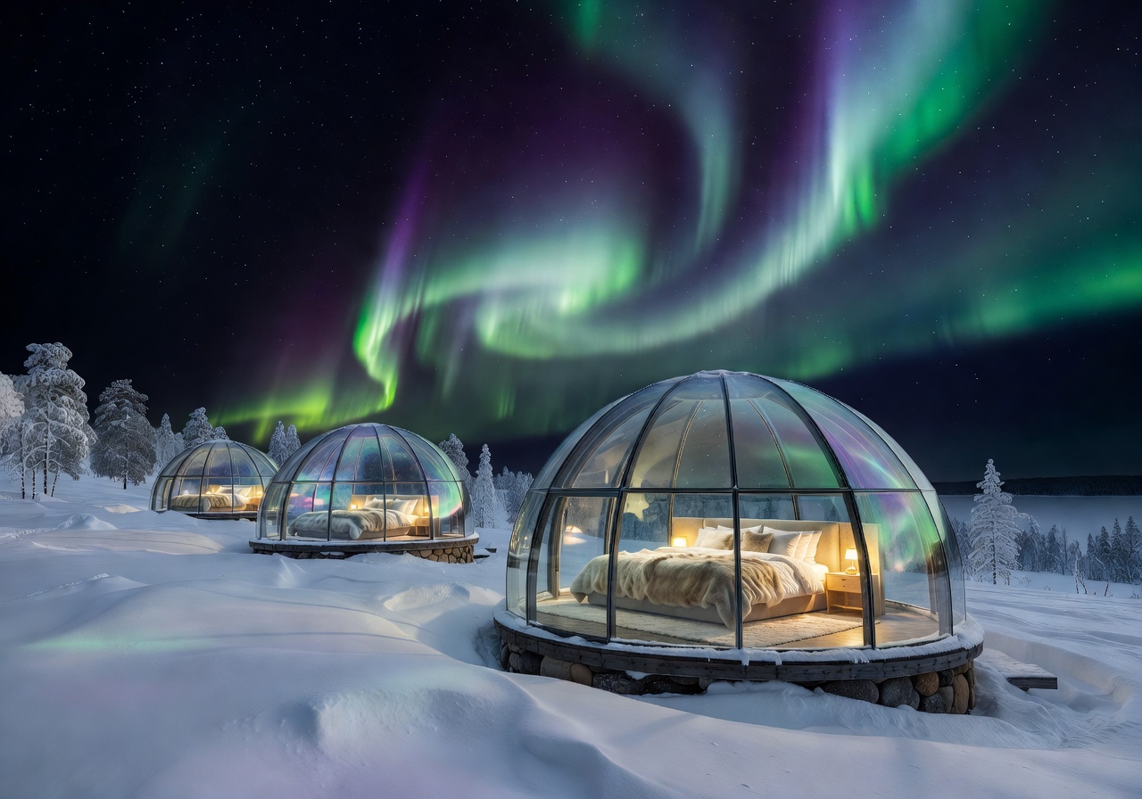 Finland glass igloo luxury resort aurora night