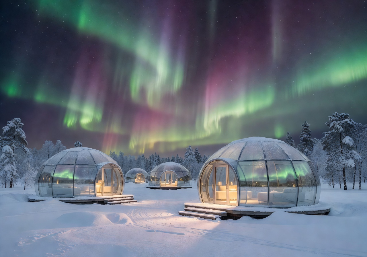 Finland glass igloo luxury resort under aurora