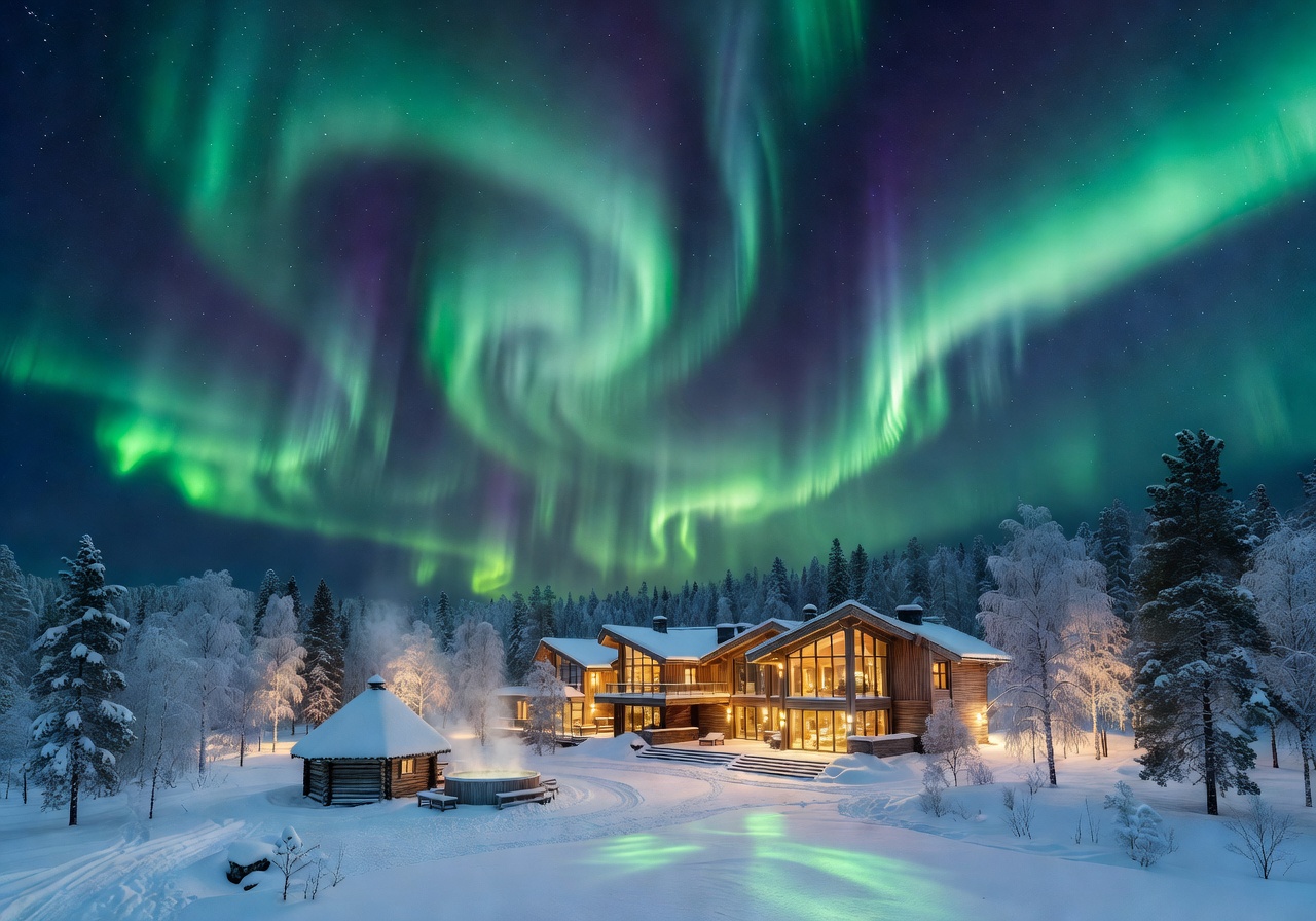 Northern Lights aurora over Lapland luxury hotel